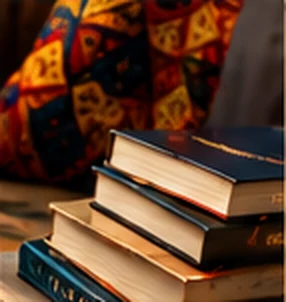 Une pile de livres devant un tissu wax